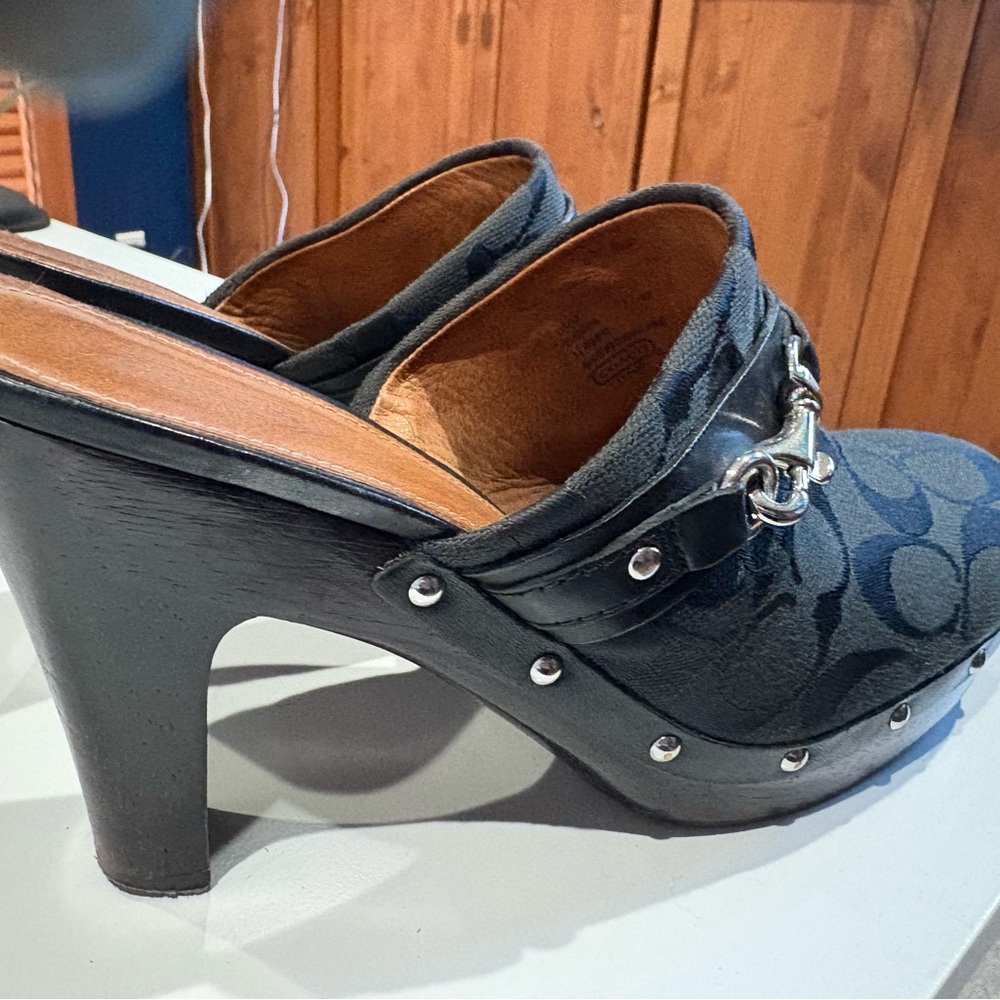 Coach Black logo Patterned Mules with Silver Accents 8.5